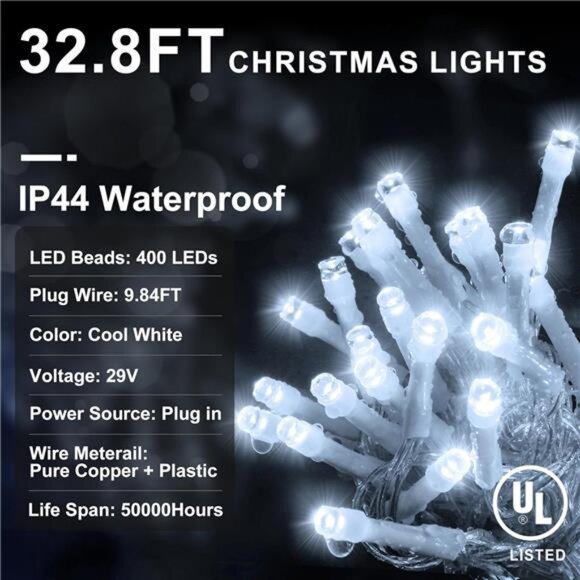 Christmas Lights Outdoor Decor 400 LED 33ft 8 Modes Curtain Fairy String Light - Picture 3 of 7